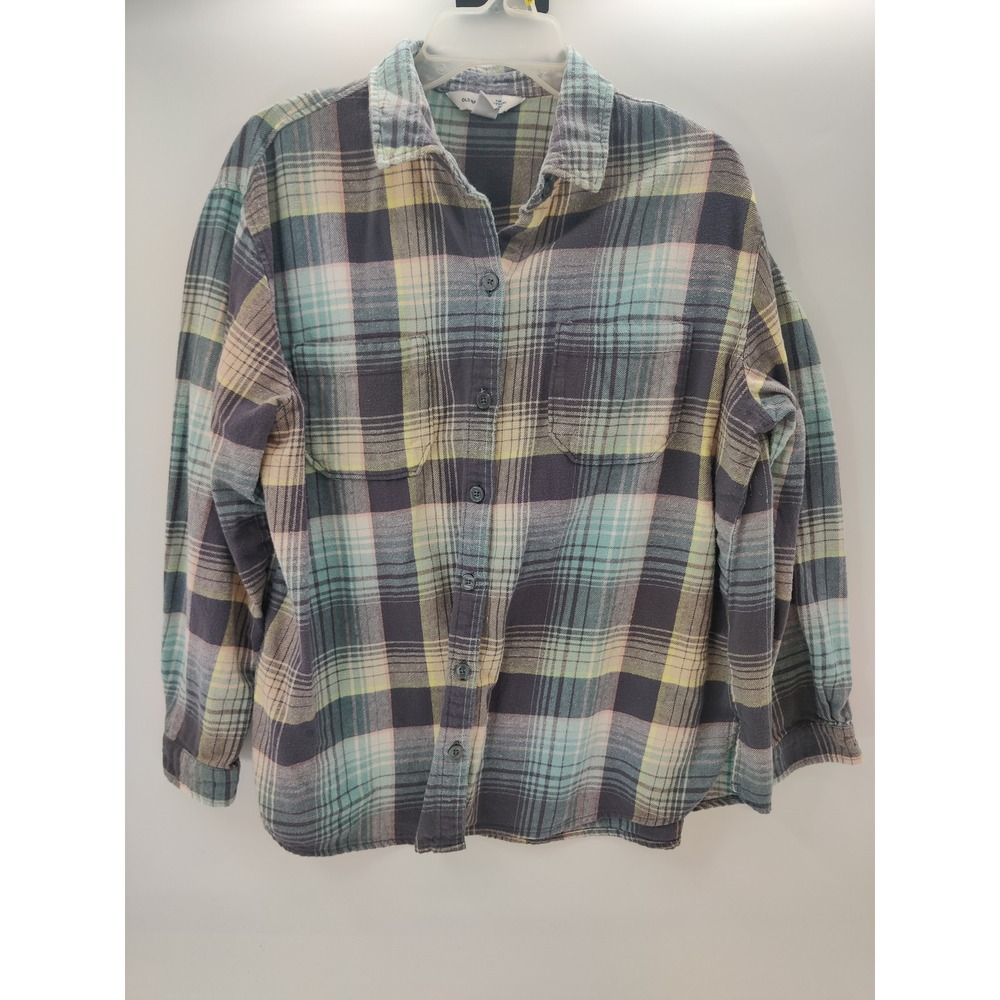 Old Navy Mens Large The Boyfriend Shirt Plaid Flannel Button Down Blue Purple